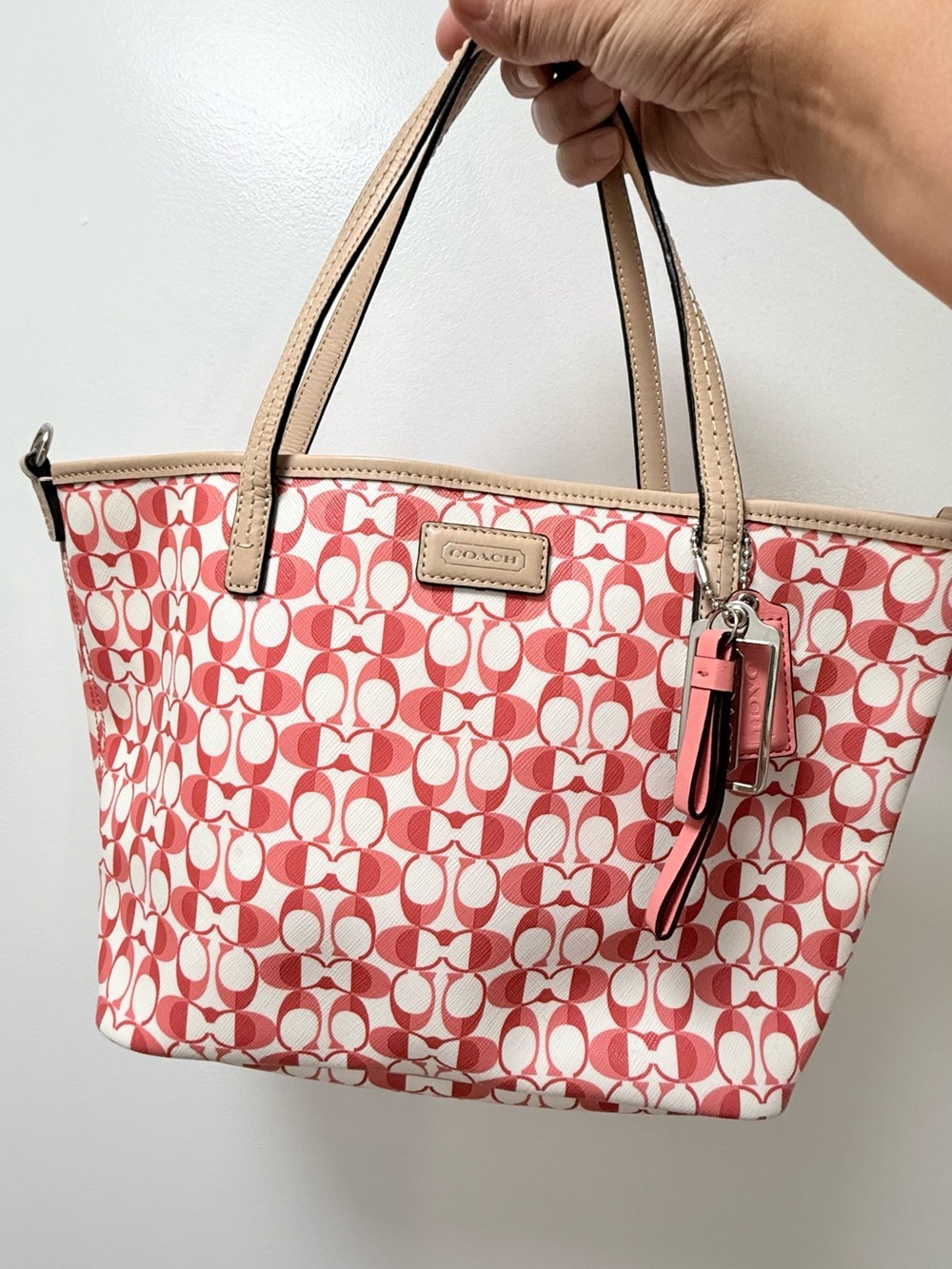 Coach Pink Signature Canvas Tote with Beige Trim